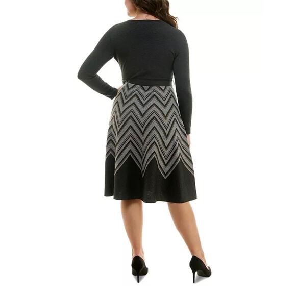 Taylor Chevron Scoop Neck Sweater Dress Tie Waist Midi Brown Plus Size 3X Office - Picture 2 of 16